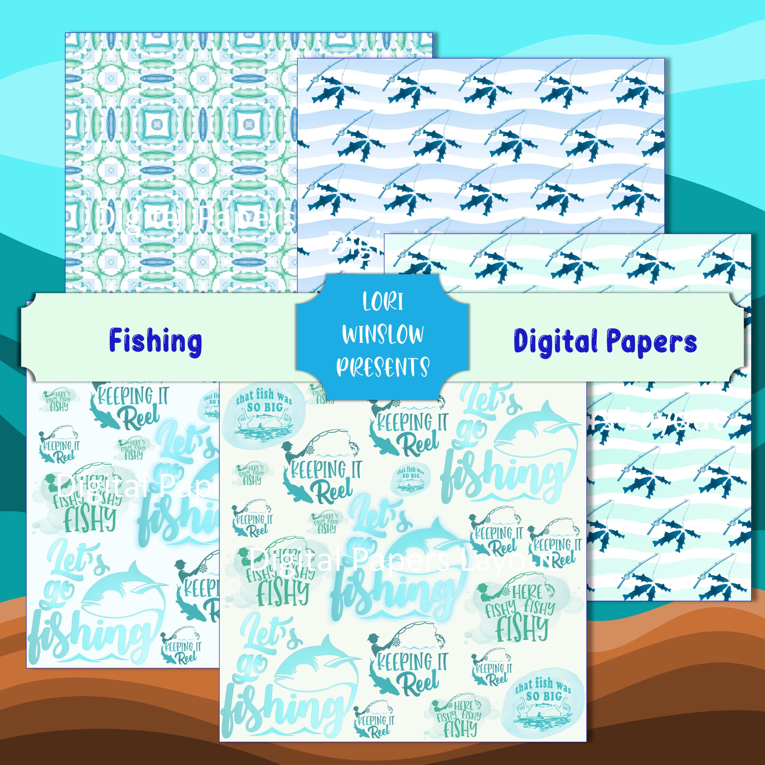 Fishing Digital Paper Pack mockup