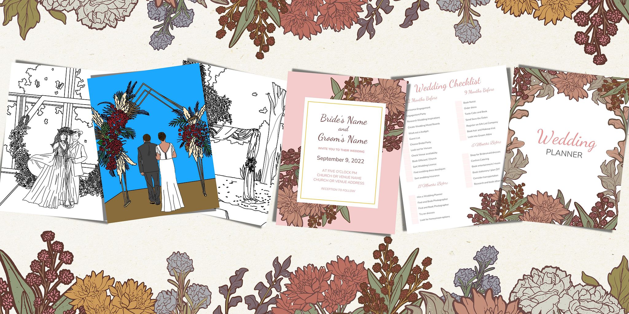 Boho Wedding Planner Boho Wedding Planner and Coloring Pages Mockup on a cream background with a floral border.