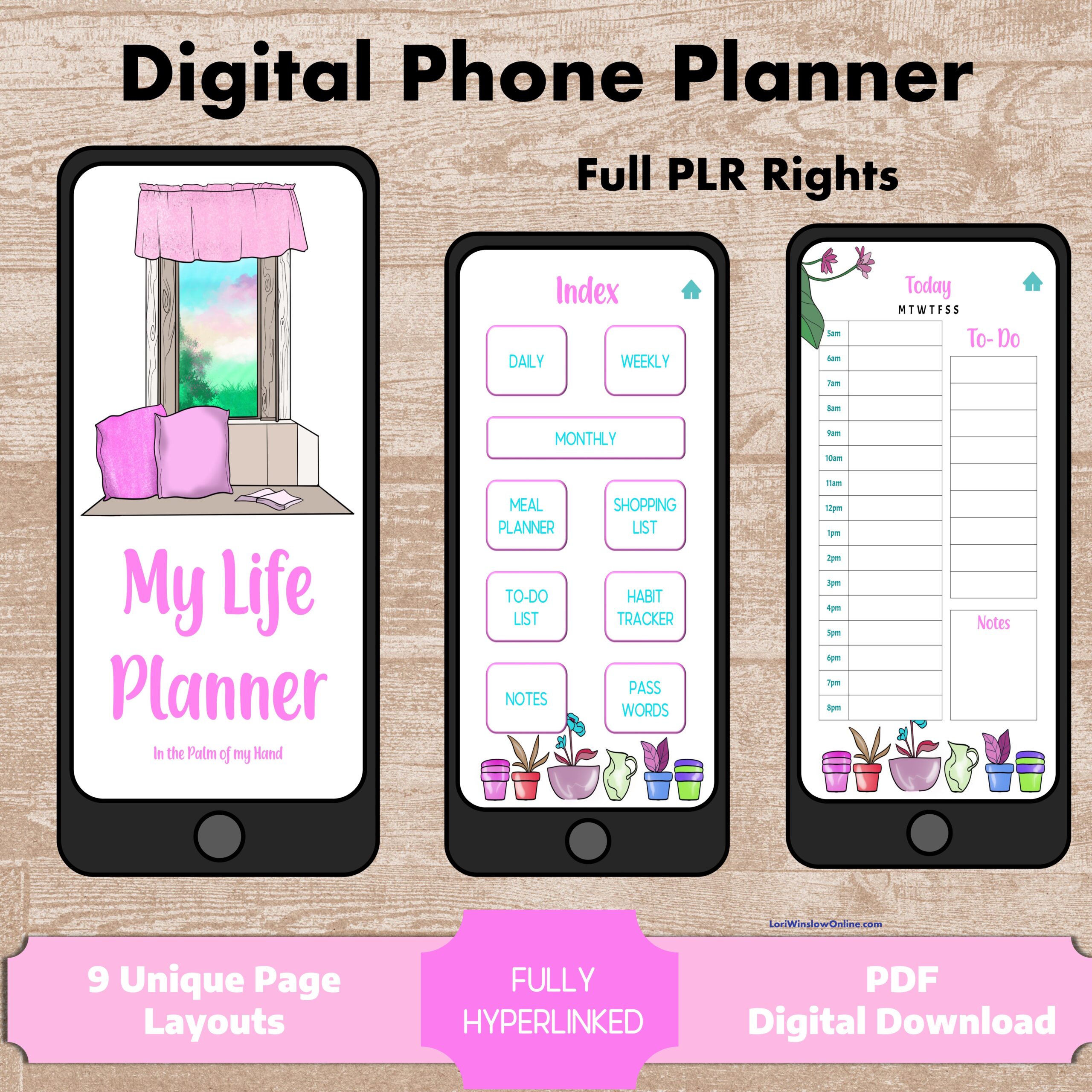 My Pretty Life Digital Phone Planner mockup images, showing the cover design, the index page and the daily layout.
