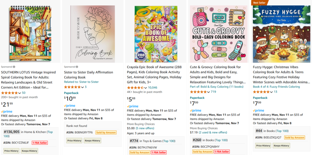 screenshot of coloring books listed for sale on Amazon.