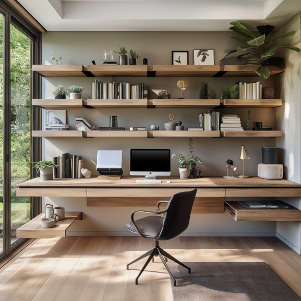 home office with light wood shelves up the wall, the lowest shelf holds the laptop and a rolling chair on a wood floor next to floor to ceiling window.