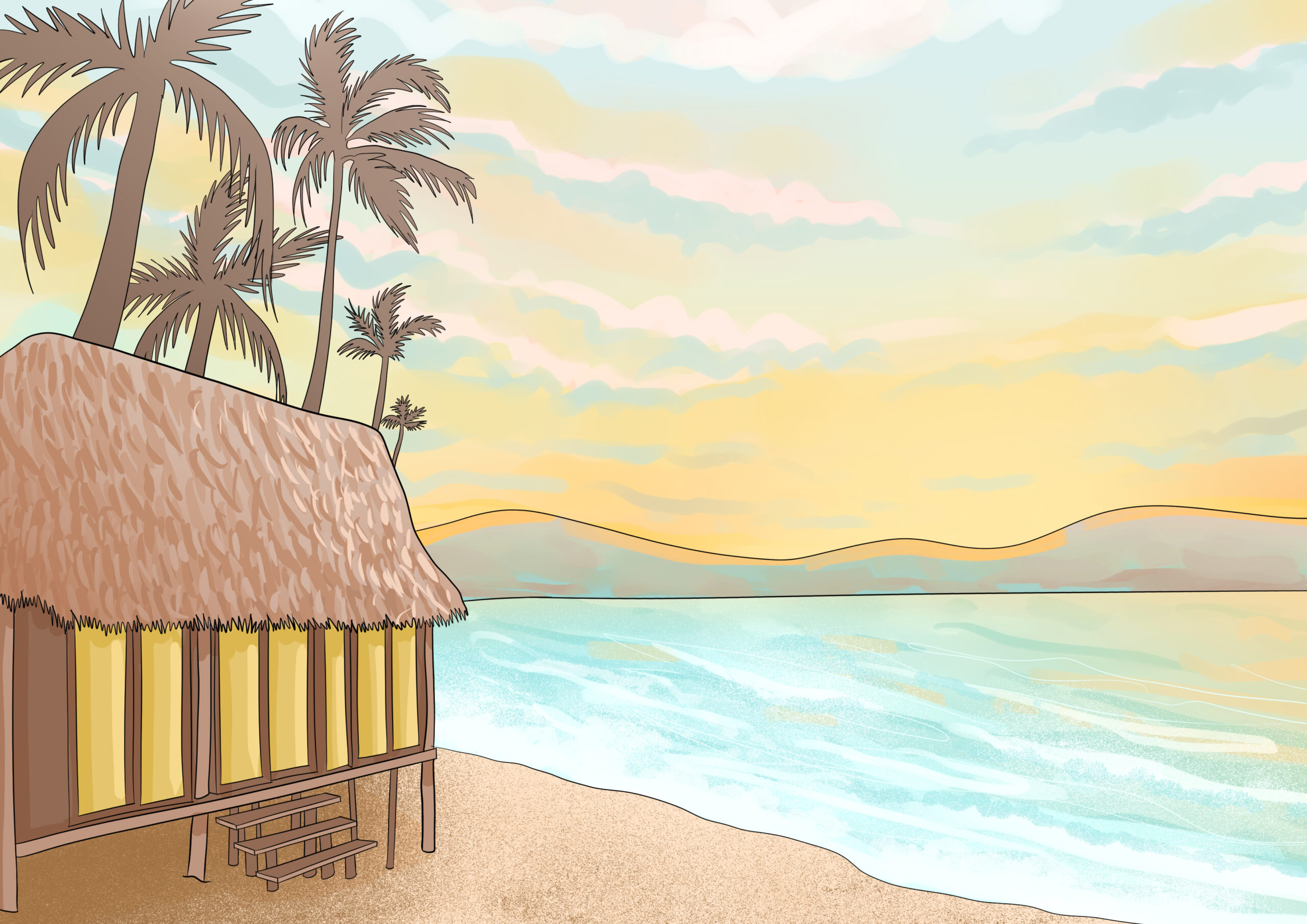 a beach scene with a thatched hut near the shoreline and palm trees in the background